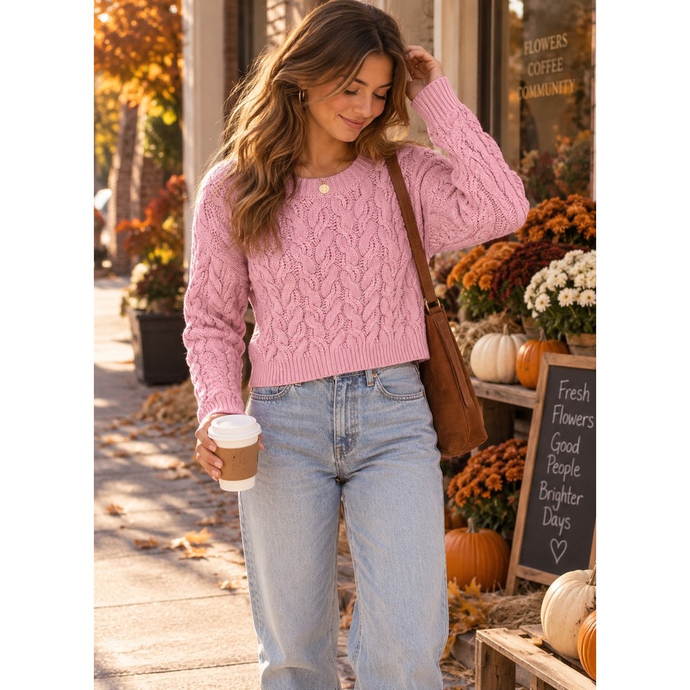 Jessica Simpson Pink Cable Knit Cropped Sweater Womens Medium Lavender Pullover